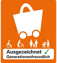 Logo des Qualitätssiegels 'Ausgezeichnet Generationenfreundlich' für barrierefreies Einkaufen.