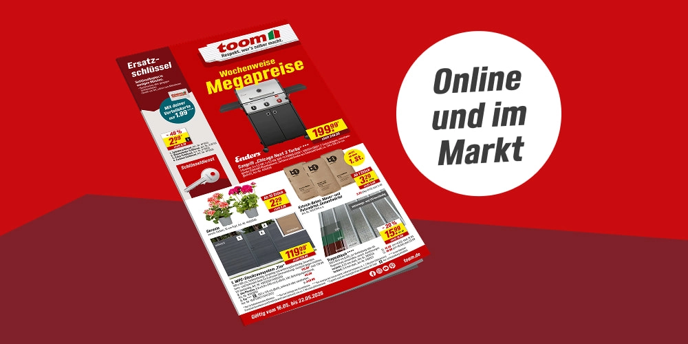 Online und im Markt. Ein Werbeprospekt mit Angeboten wie einem Gasgrill, Pflanzen und Baumaterialien.