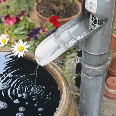 Regenwasser fließt in Regentonne