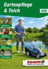 Titelbild eines Katalogs zur Garten- und Teichpflege mit einem Menschen beim Rasenmähen.