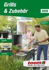 Titelbild eines Grillkatalogs mit verschiedenen Grill-Typen und einer grillenden Person.
